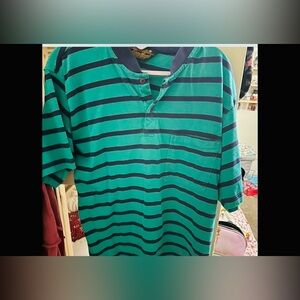 Eddie Bauer Green & Dark Blue Stripe Polo Shirt Men's Size Short Sleeve, XL